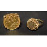 A half sovereign, yellow metal ring,