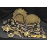 Brassware including chestnut roaster; hammered tray; a brass pagoda; fire side pieces;