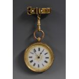A continental 14ct gold lady's fob watch, white dial, Roman numerals, gilt outer floral surround,