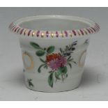 A Worcester flared cylindrical flower pot, painted with summer flowers, gilt oval handles, 5.