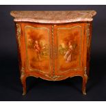 A 19th century French gilt metal mounted mahogany and Vernis Martin bombe shaped side cabinet,