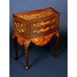 A 19th century Dutch mahogany and marquetry night table, shaped gallery above a deep drawer,