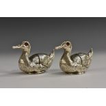 A pair of Edwardian silver novelty menu holders, as ducks, red glass eyes, Rd. No.