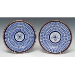 A pair of Worcester Music pattern dessert plates, hatched in Royal blue and gilt borders,