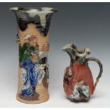 A Japanese Sumida Gawa High Relief flared cylindrical ribbed vase, applied with figures,