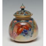 A Royal Worcester lobed ovoid pot pourri vase, printed and painted with blackberries,