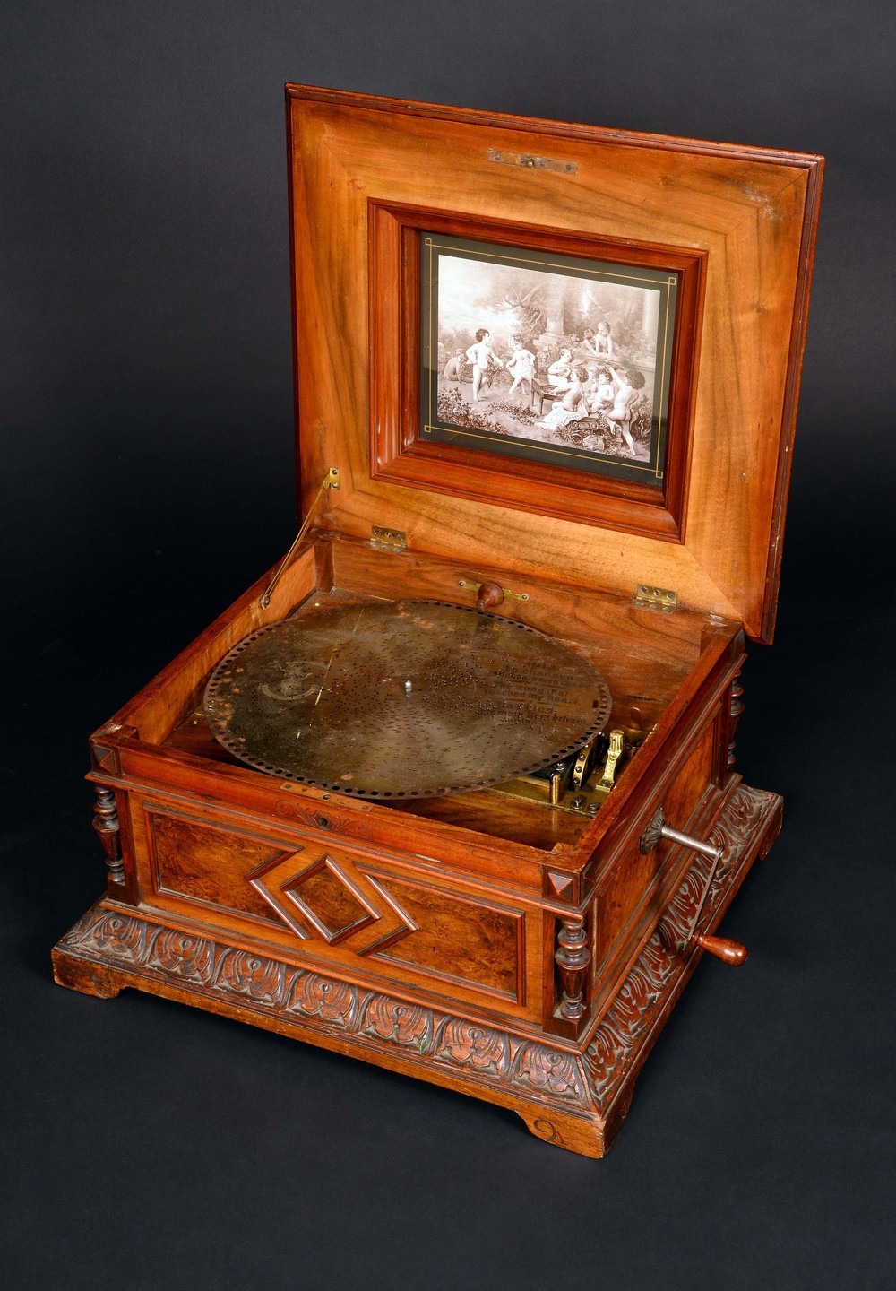 A 19th century walnut and marquetry table-top polyphon, the horizontal mechanism playing 40cm discs, - Image 3 of 22