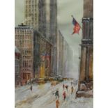 Michael Crawley Down the Avenue, New York signed, titled to verso, watercolour, 38cm x 27.