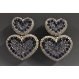 A pair of diamond and sapphire double heart earring, each composed of two graduated hearts,