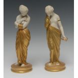 A pair of Royal Worcester figures, Joy and Sorrow, the classical maidens stands, semi-nude,