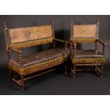 A 17th century style Spanish sofa and elbow chair, bobbin turned throughout,