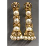 A pair of diamond and cultured pearl drop earrings,