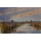 Michael Crawley A Backwater with Fowl, River Trent, Derbyshire signed, titled to verso,