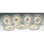 A set of eight Minton Ornithological dessert plates, each painted with a bird, Bullfinch, Magpie,