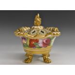 A Coalport pot pourri and cover, well painted with large flowers on a gold ground,