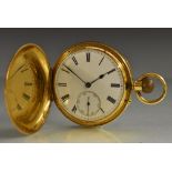 A George V 18ct gold full hunter cased pocket watch, white enamel dial, Roman numerals,