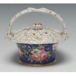 A Chamberlain Worcester pot pourri basket and cover, painted with flowers on a cobalt blue ground,