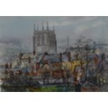 Michael Crawley St Werburgh's from the Rooftops, Derby signed, titled to verso, watercolour,