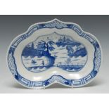 A Caughley Weir pattern kidney shaped dish, decorated with pagoda, fence, figure,