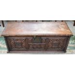 A 17th century South European chestnut chest, hinged rectangular top,