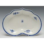 A Caughley heart shaped dish, sparsely decorated with flowers and foliage, bluie line rim,