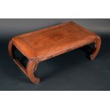 A Chinese hardwood low tea table, panel top above a pierced frieze, scroll end supports, 33cm high,