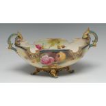 A Royal Worcester boat shaped two-handled flower trough, painted by R.