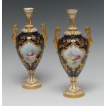 A pair of Royal Worcester two handled pedestal ovoid vases, painted by Frederick Chivers, signed,