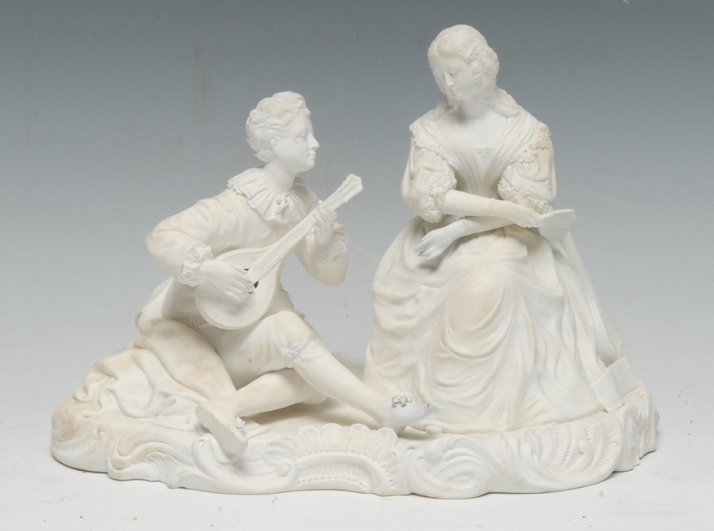 A Minton bisque figure group, of a musician seated playing a lute, a girl at her side,