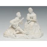 A Minton bisque figure group, of a musician seated playing a lute, a girl at her side,