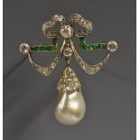 A natural saltwater pearl, diamond and emerald pendant brooch,