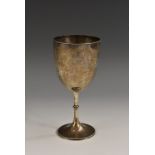 A Victorian silver hemi-ovoid pedestal goblet, beaded knop and spreading foot, 14.