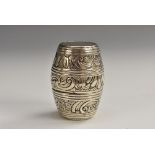 A George III silver novelty barrel shaped nutmeg grater, chased with bands of flowers and scrolls,