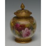 A Royal Worcester lobed ovoid pot pourri vase and cover, painted with red and pink cabbage roses,