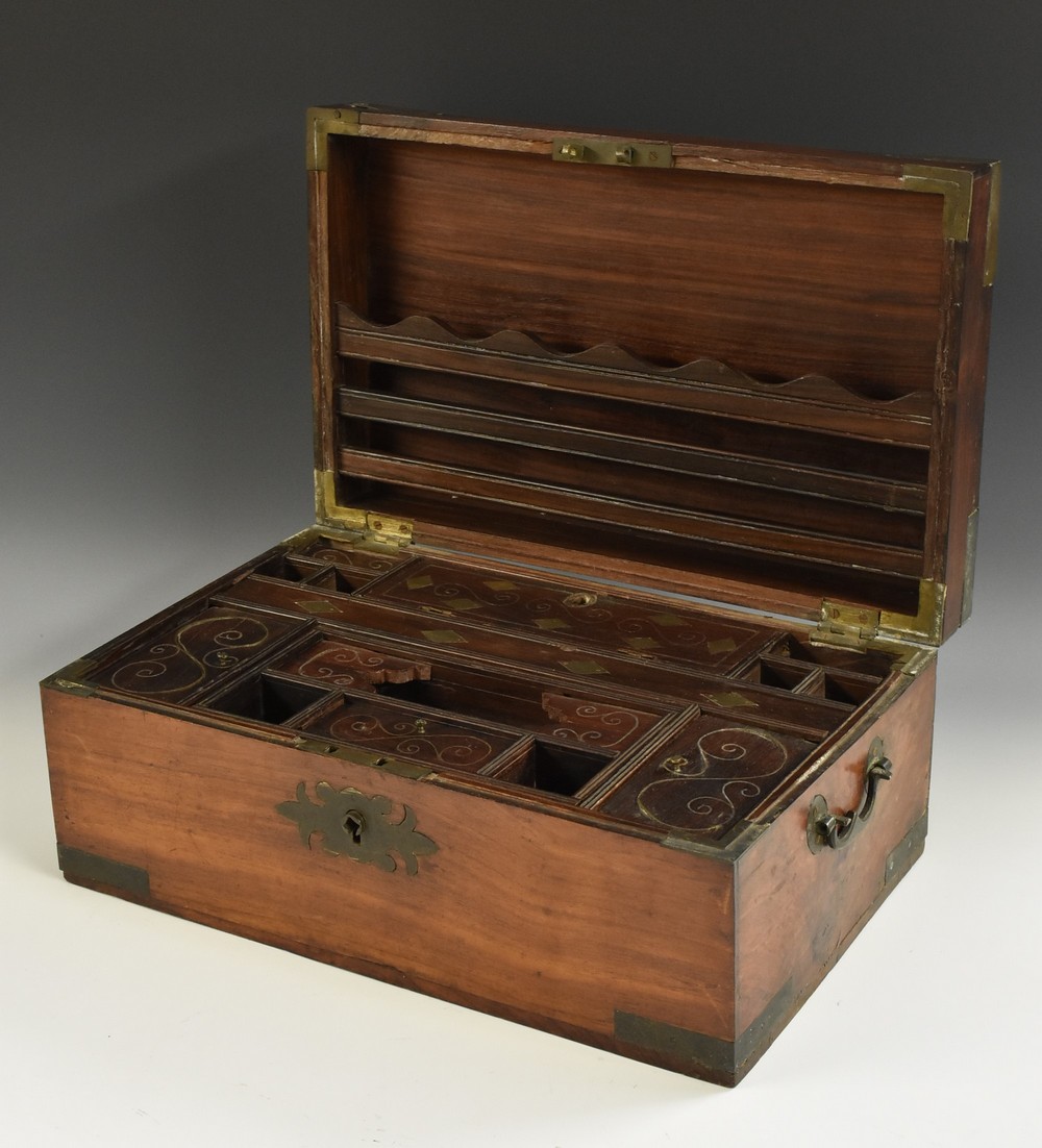 A 19th century Anglo-Indian brass mounted hardwood rectangular writing or dressing box,
