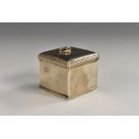 A George III silver box or miniature caddy, push-fitting cover with ring finial, reeded borders,