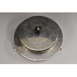 A Victorian silver circular butter dish, ebonised knop finial,