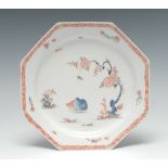 A Bow Two Quail pattern octagonal plate, painted in red and blue,