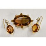 A deep orange stone and seed pearl pendant/brooch and earrings suite,