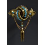 A Victorian interlaced tied knot swag brooch, inset with sixteen turquoise cabochons,