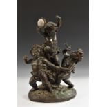 French School, a substantial dark patinated bronze, of revelling Bacchic putti, traces of verdigris,