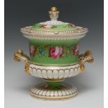 An English porcelain two-handled campana shaped wine cooler, cover and further inner cover,