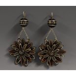 A pair of silver inlaid tortoiseshell triple layer floral drop earrings,