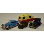 Tri-ang Minic - a no.4M pre-war Sports Saloon, pale blue body, silver wings; a caravan; no.