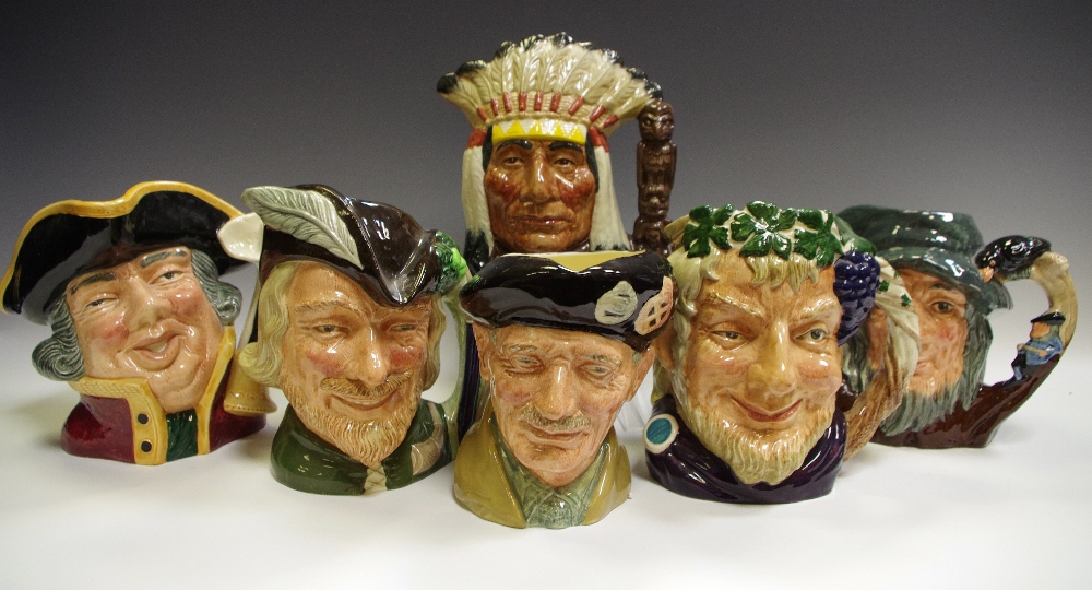 A Royal Doulton character jugs including Robin Hood D6527, Town Crier D6530, Bacchus D6499,