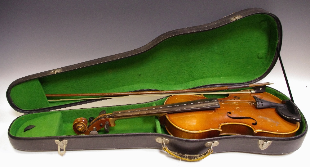 A German violin, 37cm two-piece back, ebony pegs,