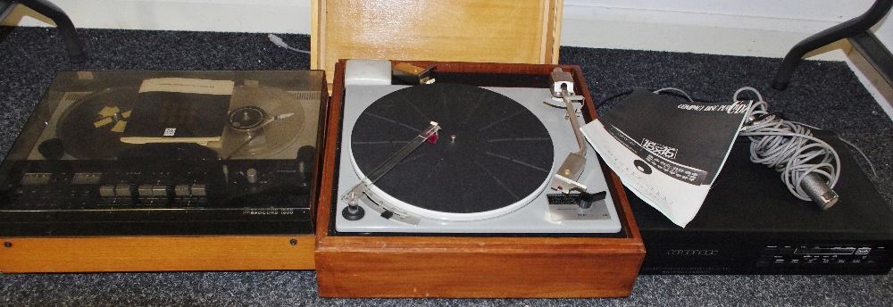 A Bang & Olufson Beocord 1600 reel to reel; a Goldring Lenco turntable;