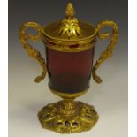 A 19th century French gilt-metal mounted ruby glass vase and cover, cylinder reservoir,