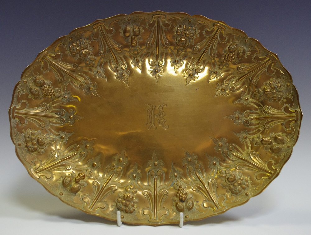 A Victorian gilt plated shaped oval strawberry dish, Martin, Hall & Co, retailed by Sorley, Glasgow,