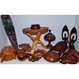 Tribal art - a carved wooden wall mask, others, Bali, Java, etc, folding table, beads,